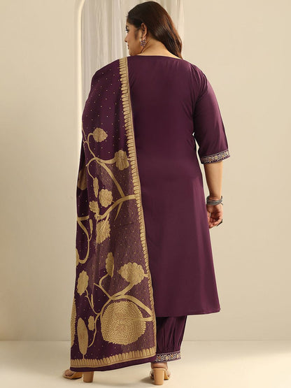 Dhiyona Women's Plus Size Ethnic Motifs Embroidered Kurta with Salwar & Dupatta