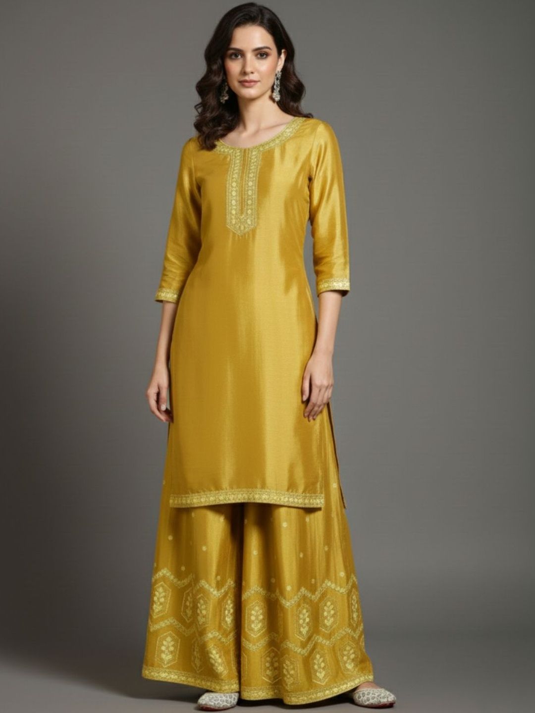 Dhiyona VA Women Ethnic Motifs Embroidered Regular Thread Work Silk Crepe Kurta with Palazzos & With Dupatta