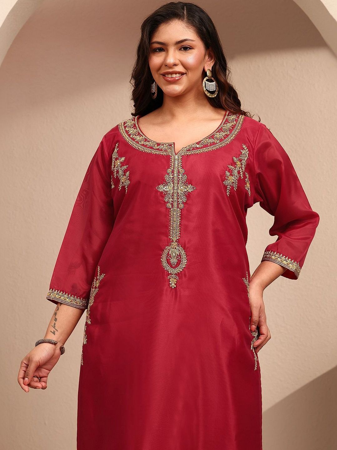 Dhiyona Women's Ethnic Motifs Embroidered Regular Thread Work Kurta with Trousers & With Dupatta