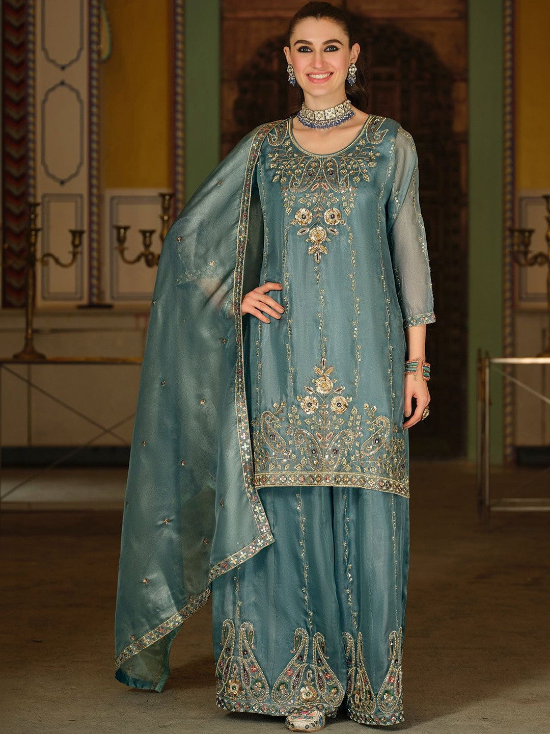 Ethnic Motifs Embroidered Regular Sequinned Kurta with Sharara & With Dupatta