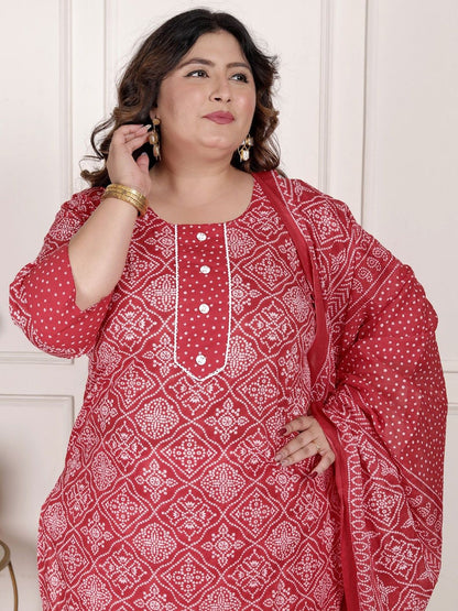 Dhiyona KL Bandhani Print Beads & Stones Pure Cotton Plus Size Kurta with Trousers & Dupatta
