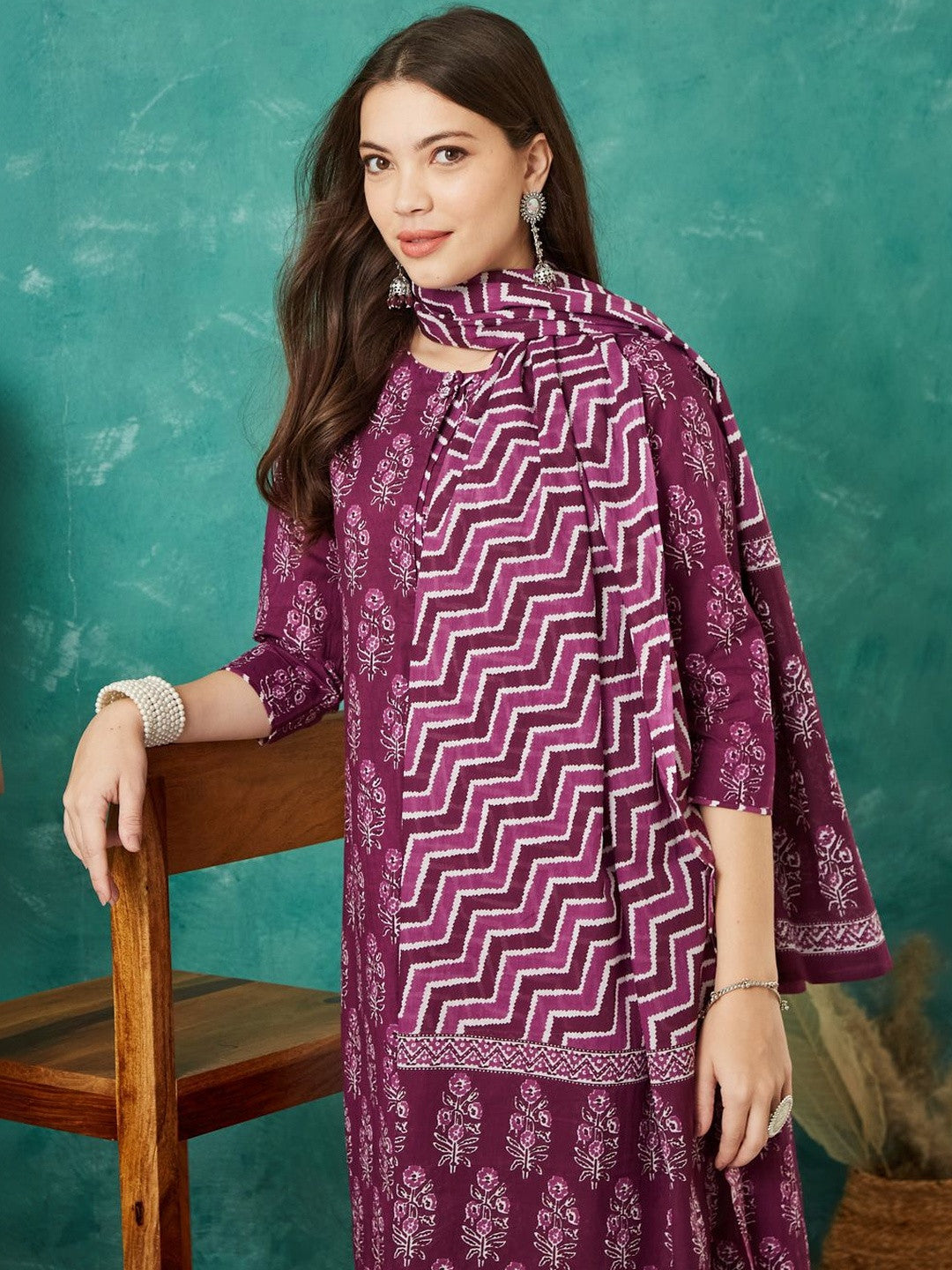 Printed Cotton Round Neck Kurta & Trousers With Dupatta
