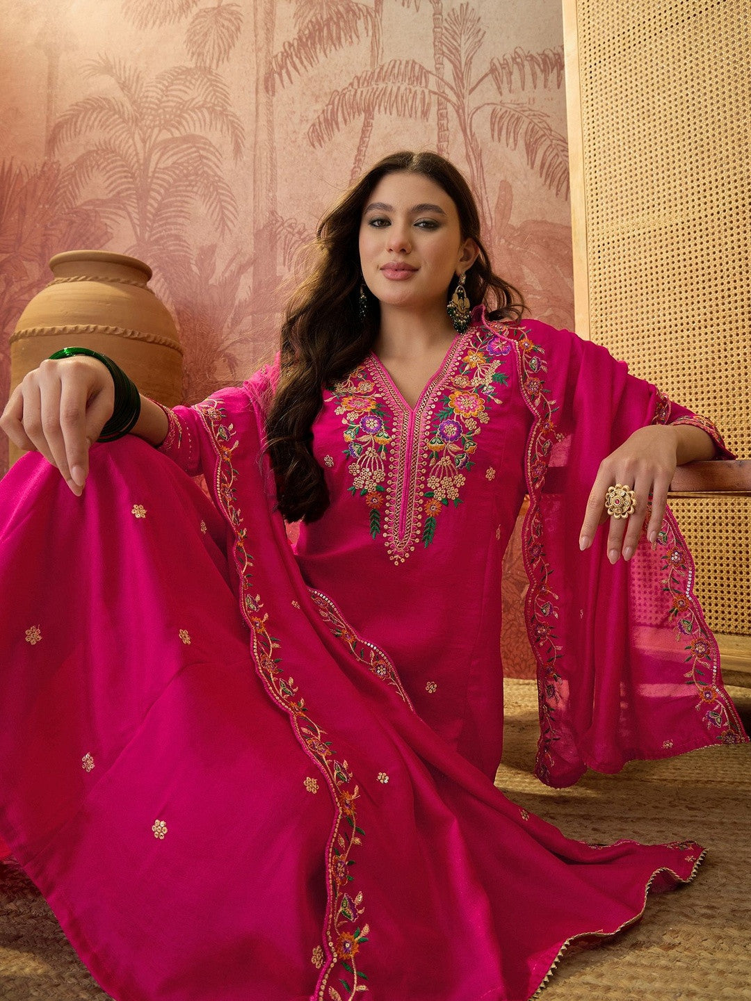 Embroidered V-Neck Kurta & Trousers Kurta Set