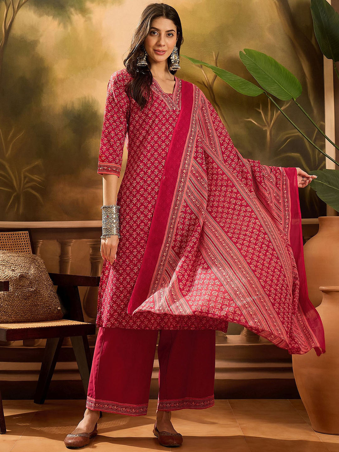 Floral Printed Pure Cotton Straight Kurta With Palazzos & Dupatta Set