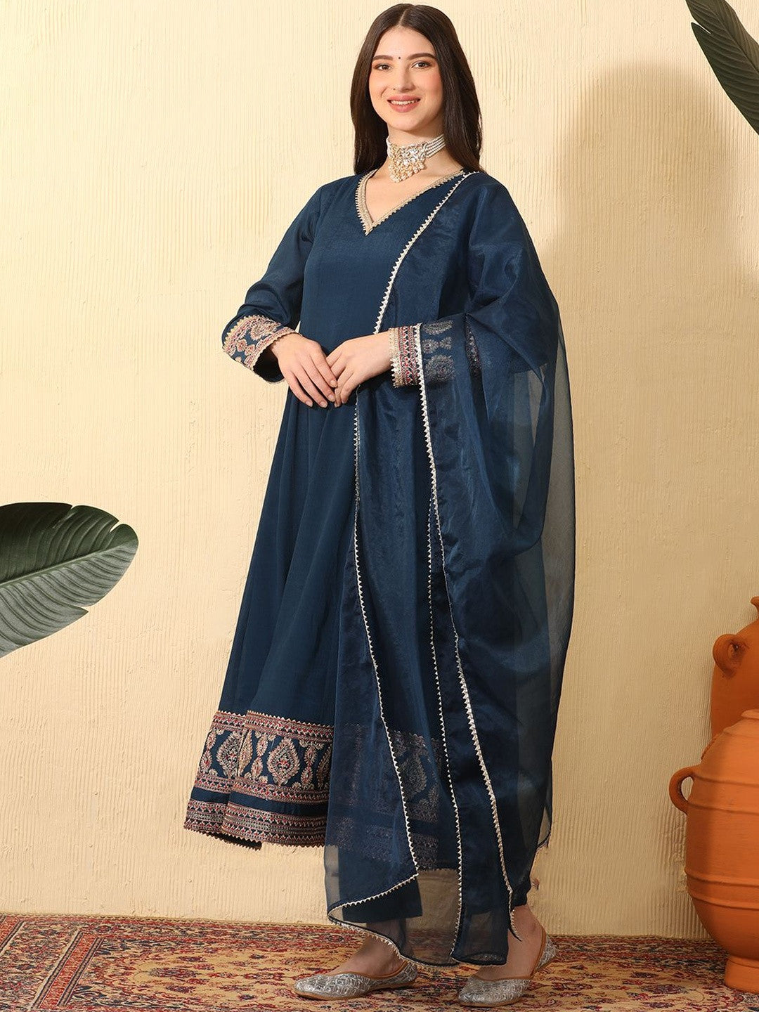 Ethnic Motifs Embroidered Empire Gotta Patti Chinon Kurta With Trousers & Dupatta