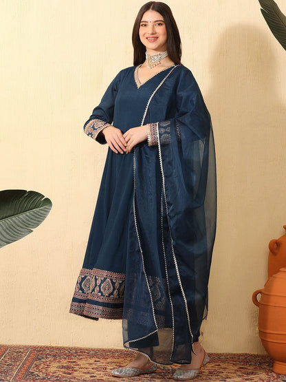 Ethnic Motifs Embroidered Empire Gotta Patti Chinon Kurta With Trousers & Dupatta