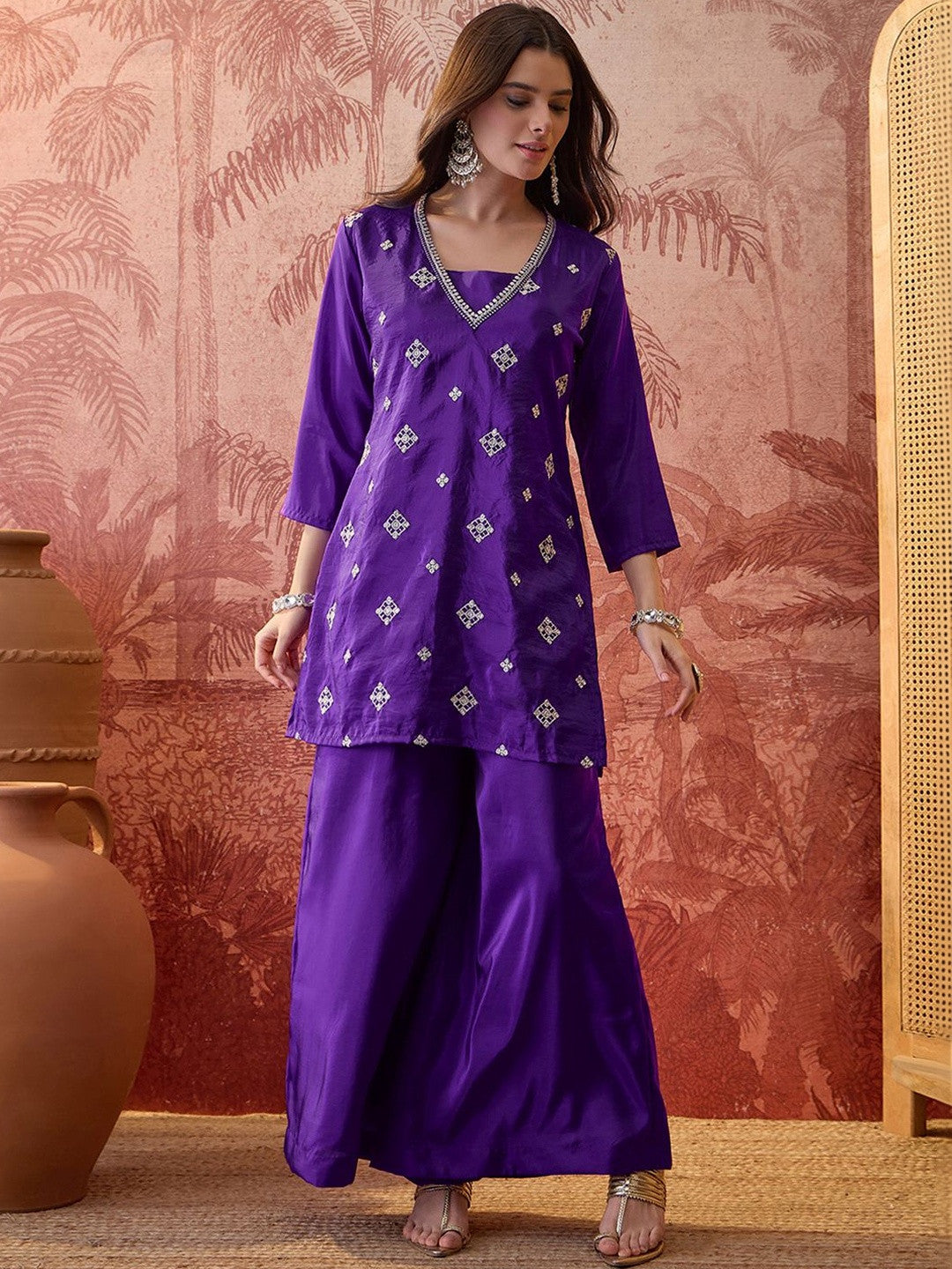 Embroidered Straight Kurta With Palazzos