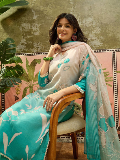 Women Floral Printed Regular Thread Work Linen Kurta with Trousers & With Dupatta