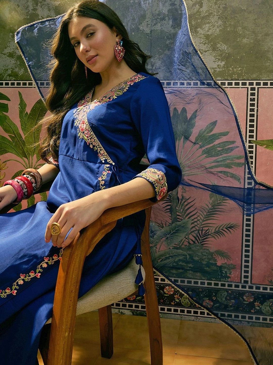 Women Ethnic Motifs Embroidered Angrakha Thread Work Kurta with Trousers & With Dupatta