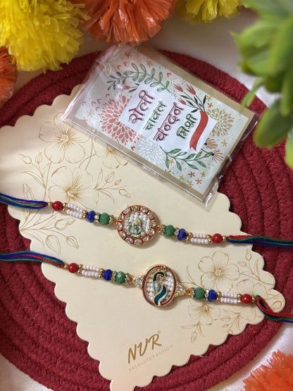 Dhiyona Set Of 2 Multicolor Peacock Design Rakhi With Roli Chawal Chandan Mishri