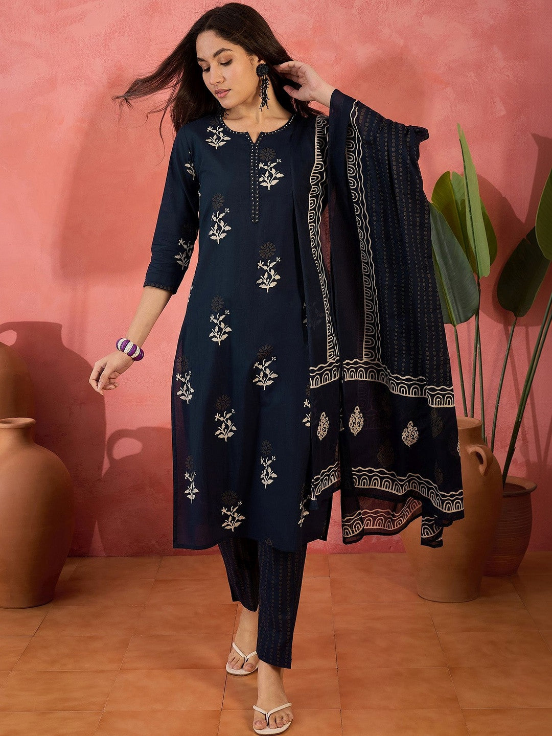 Printed Pure Cotton Round Neck Kurta & Trousers Kurta Set