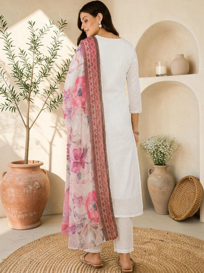 Women Ethnic Motifs Embroidered Regular Thread Work Pure Cotton Kurta with Trousers & With Dupatta