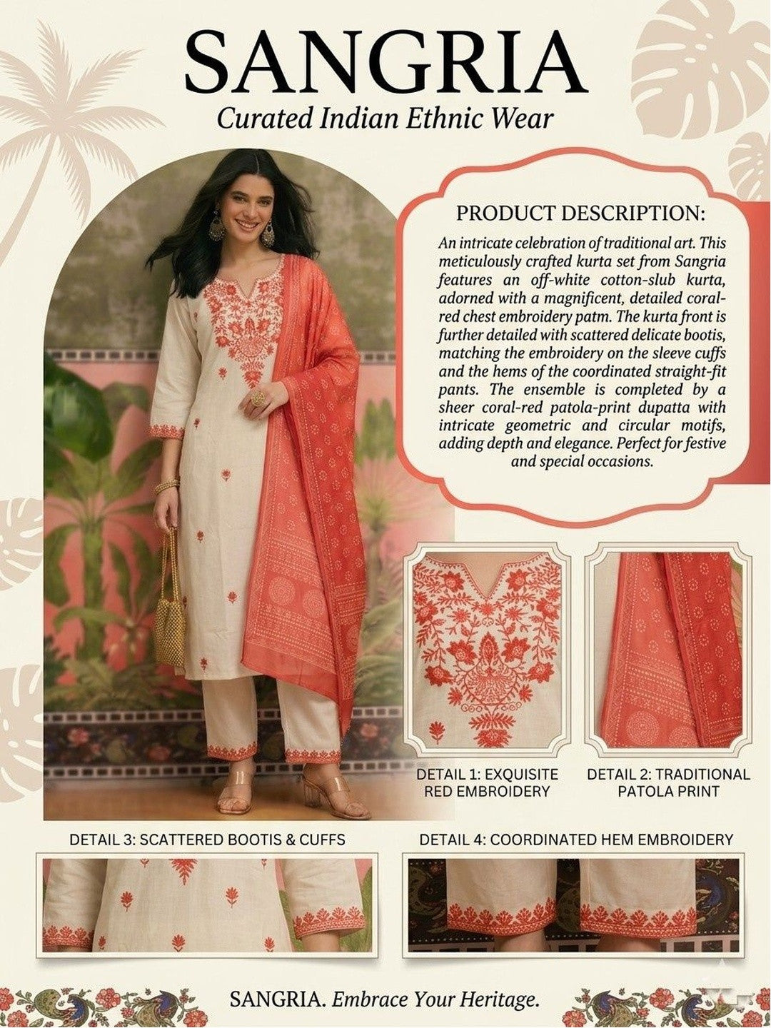 Embroidered Pure Cotton Round Neck Kurta & Trousers With Dupatta