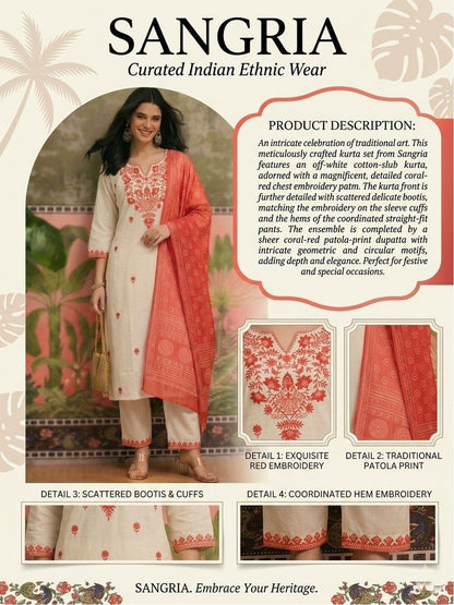 Embroidered Pure Cotton Round Neck Kurta & Trousers With Dupatta