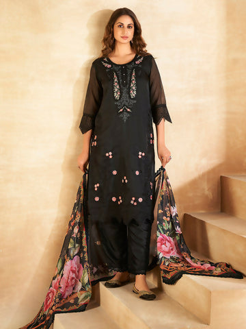 Women's Black Embroidered Straight Kurta Trousers With Dupatta set