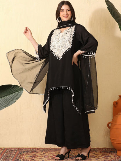 Women Embroidered Layered Mirror Work Kurta with Palazzos & With Dupatta