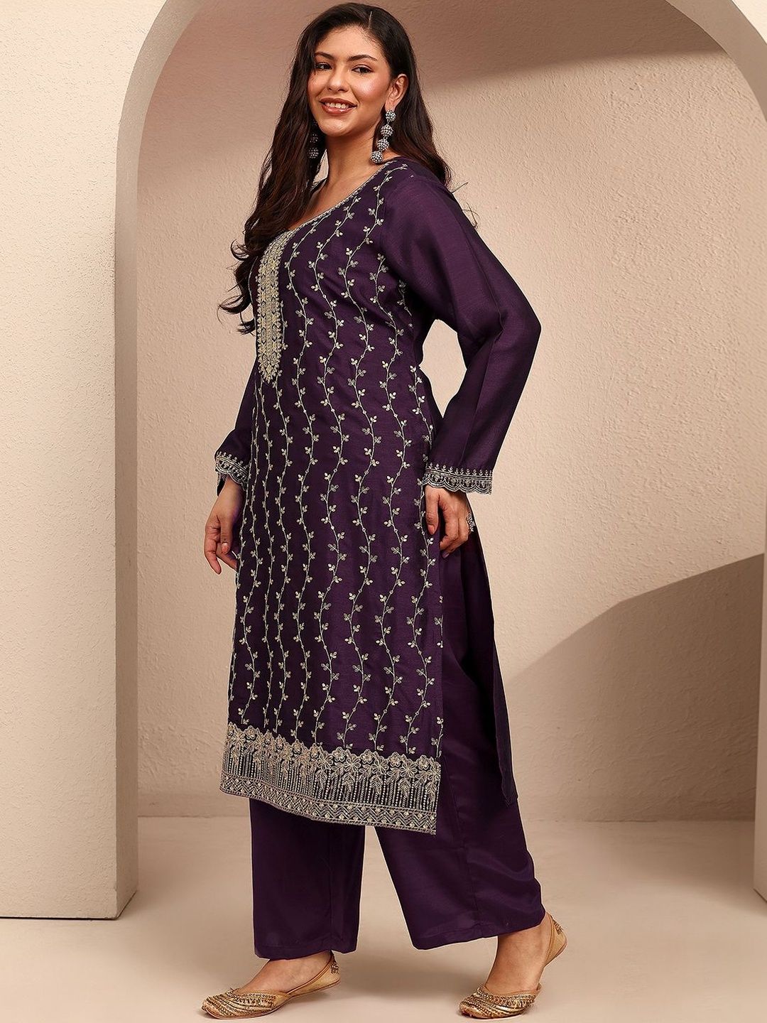 Dhiyona Women's Ethnic Motifs Embroidered Regular Thread Work Kurta with Palazzos & With Dupatta