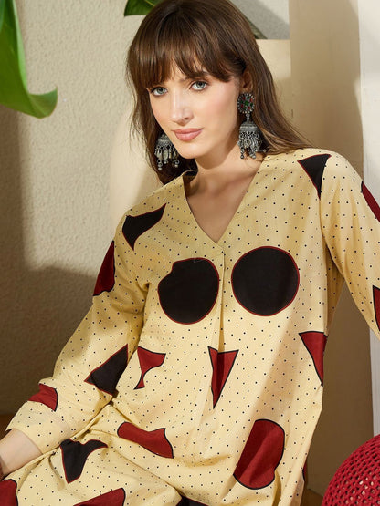 Dhiyona IE Printed Pure Cotton V-Neck Top With Trousers
