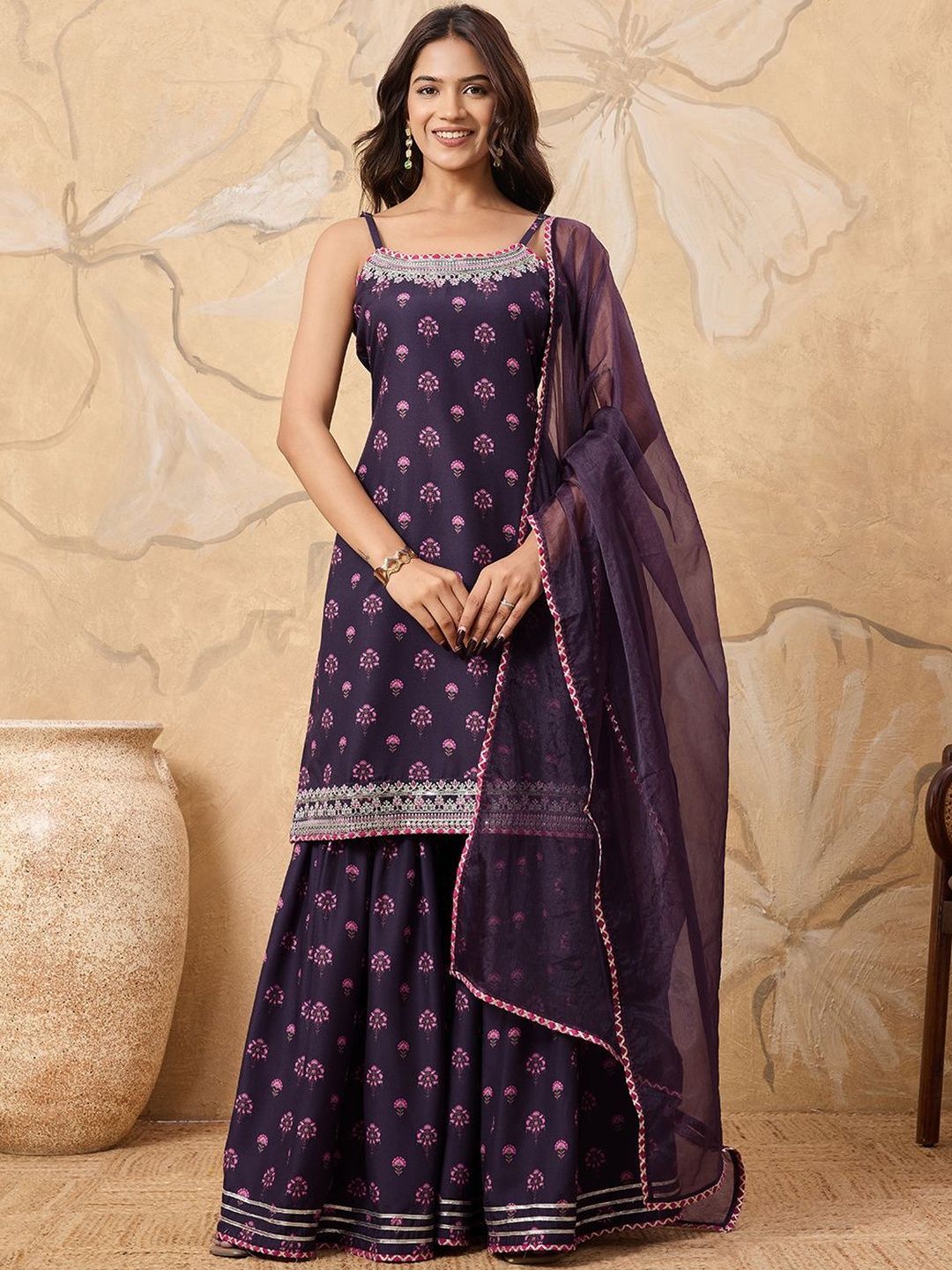 Dhiyona HOP Floral Printed Sleeveless Kurta with Sharara With Dupatta