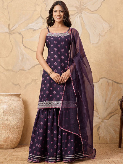 Dhiyona HOP Floral Printed Sleeveless Kurta with Sharara With Dupatta