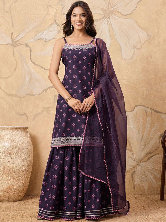 Dhiyona HOP Floral Printed Sleeveless Kurta with Sharara With Dupatta