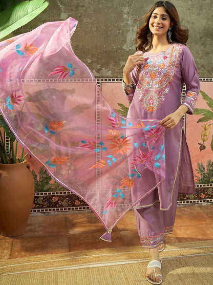 Embroidered Round Neck Kurta & Trousers With Dupatta