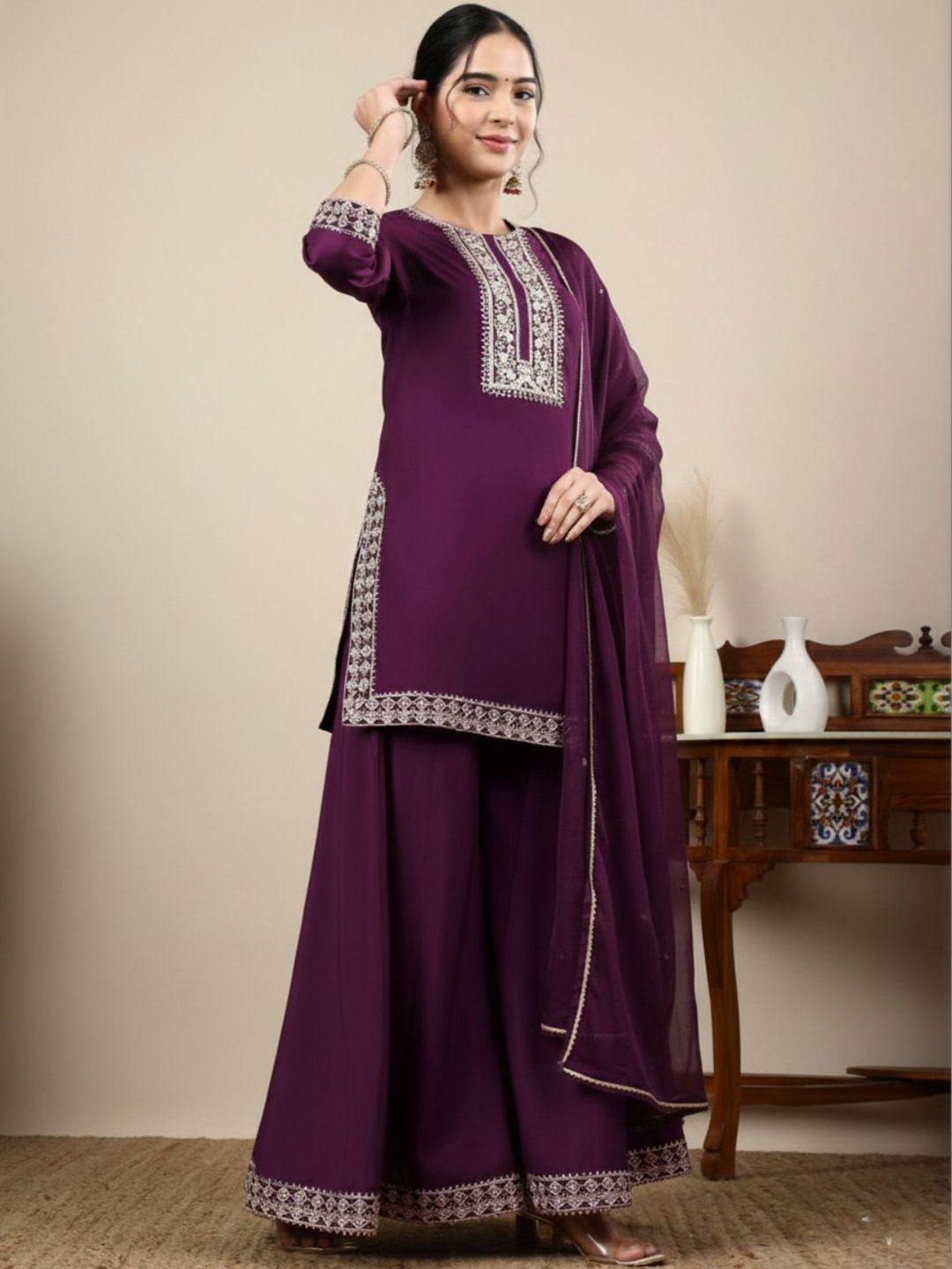 Dhiyona HOP Embroidered Round Neck Straight Kurti & Sharara With Dupatta