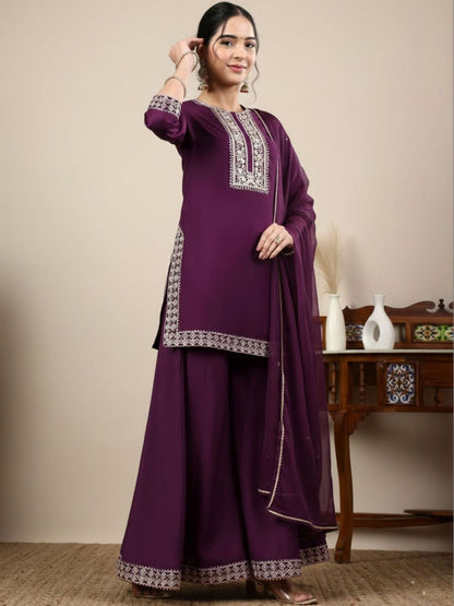 Dhiyona HOP Embroidered Round Neck Straight Kurti & Sharara With Dupatta