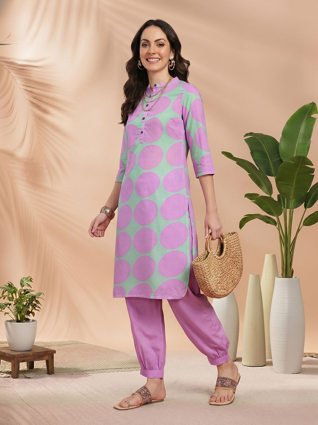 Geometric Print Band Collar Straight Kurta with Salwar