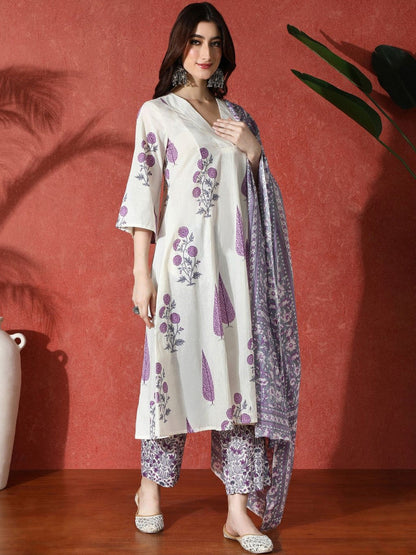Printed Pure Cotton V-Neck Kurta Trousers & Dupatta