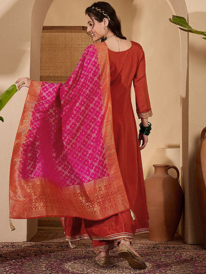 Floral Yoke Design Panelled Zari Anarkali Kurta With Trouser And Dupatta
