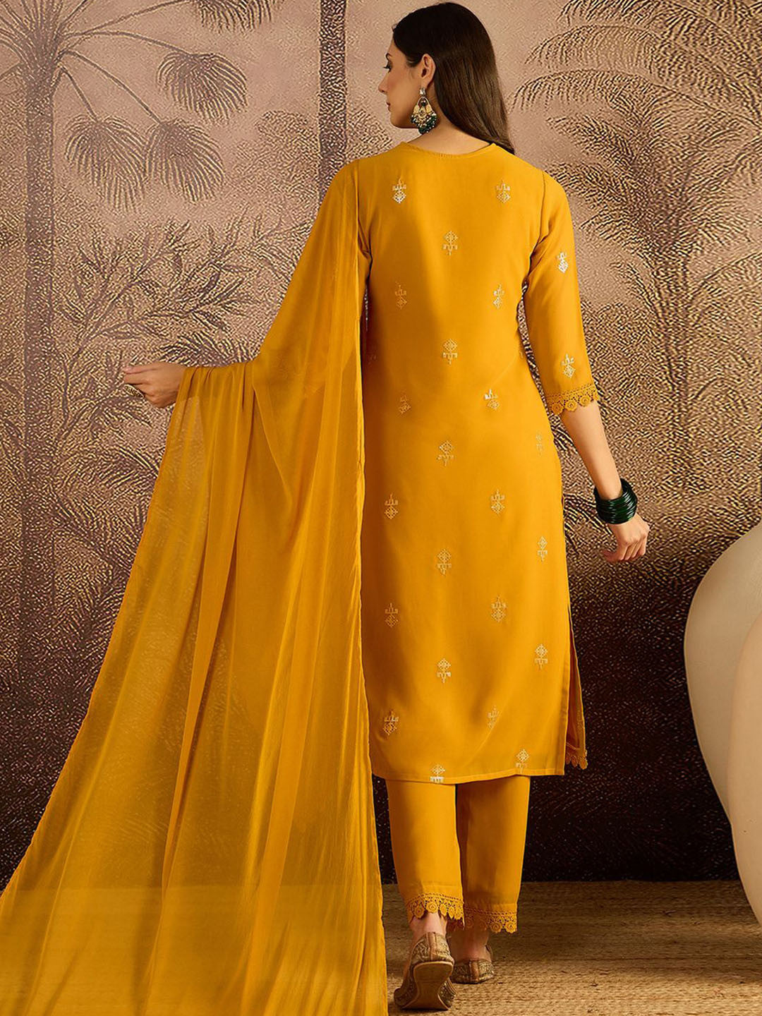 Zari Sequence Embroidered Georgette Straight Kurta With Trousers & Dupatta