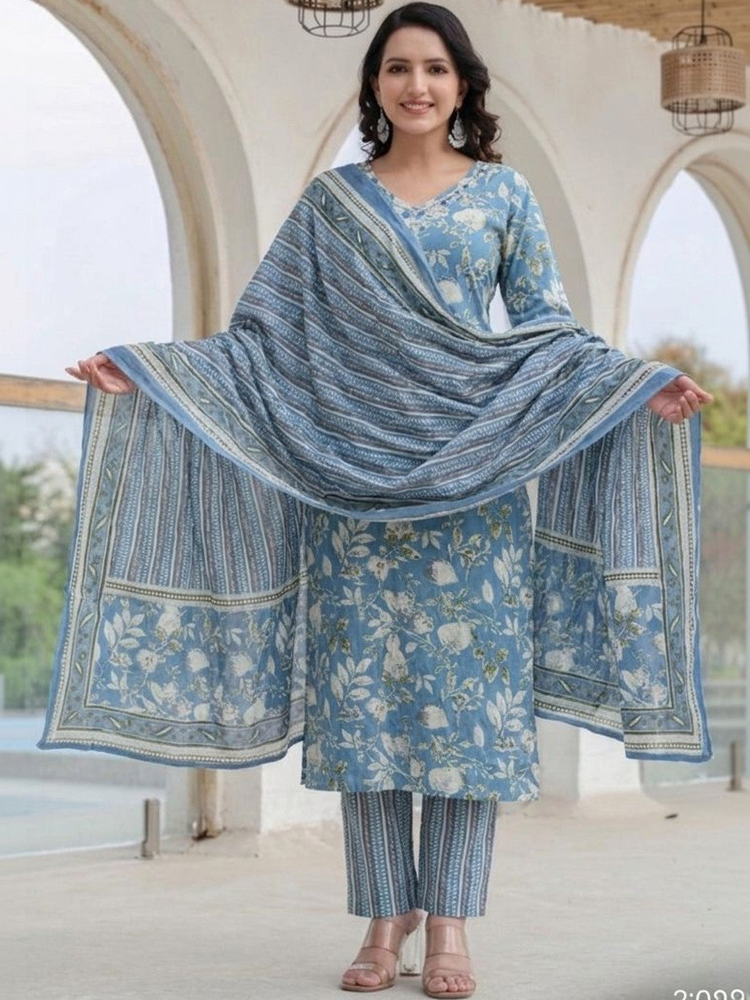 Embroidered Pure Cotton V-Neck Kurta & Harem Pants With Dupatta