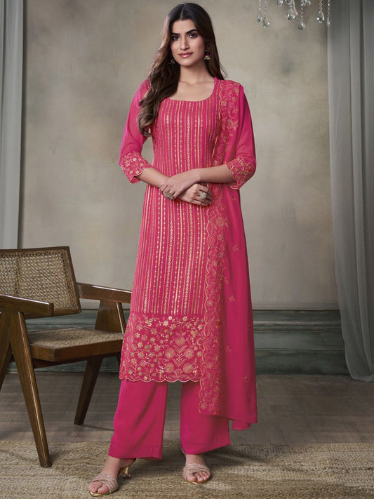 Dhiyona IN Floral Embroidered Sequinned Straight Kurta With Palazzos & Dupatta