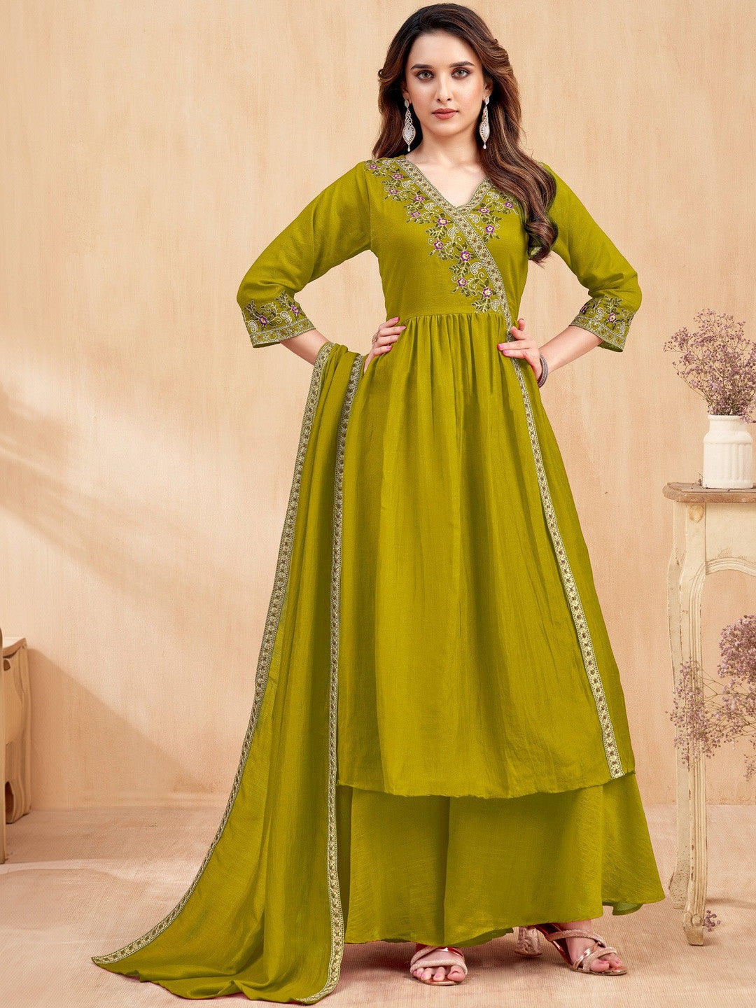 Embroidered V-Neck Kurta & Palazzos With Dupatta