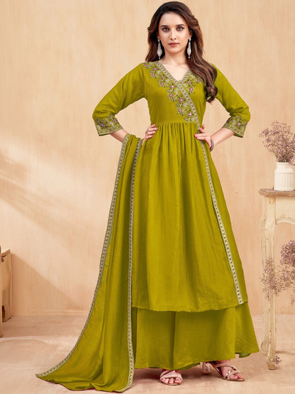 Embroidered V-Neck Kurta & Palazzos With Dupatta