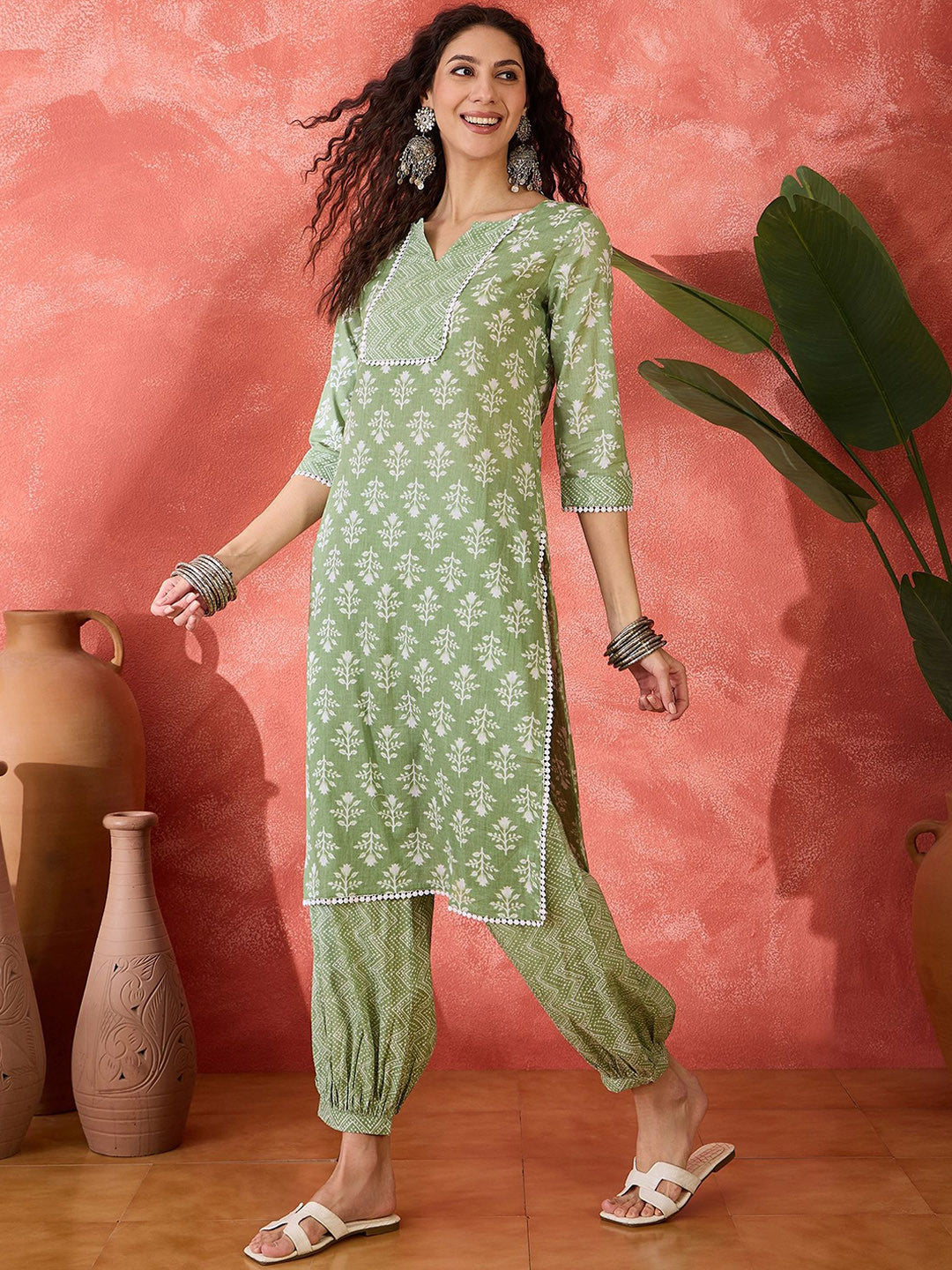 Floral Printed Notch Neck Pure Cotton Straight Kurta With Salwar