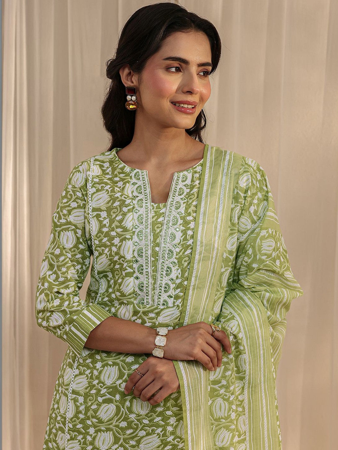 Libas Green Floral Printed Cotton A-Line Suit Set with Dupatta