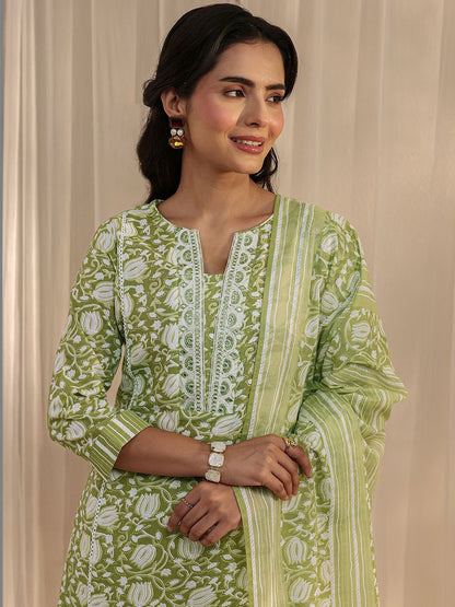 Libas Green Floral Printed Cotton A-Line Suit Set with Dupatta