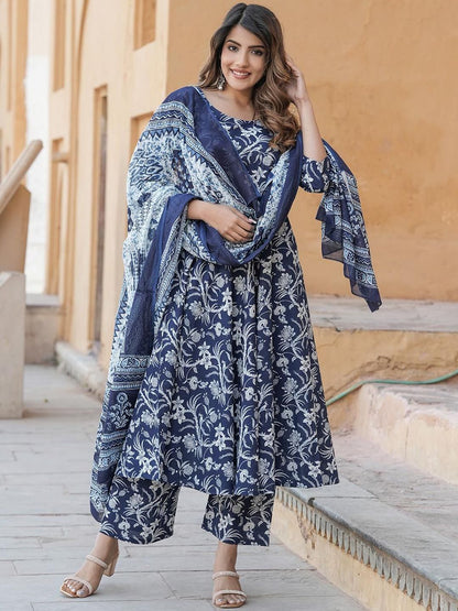 Dhiyona KL Floral Printed Round Neck Anarkali Pure Cotton Kurta With Trousers & Dupatta