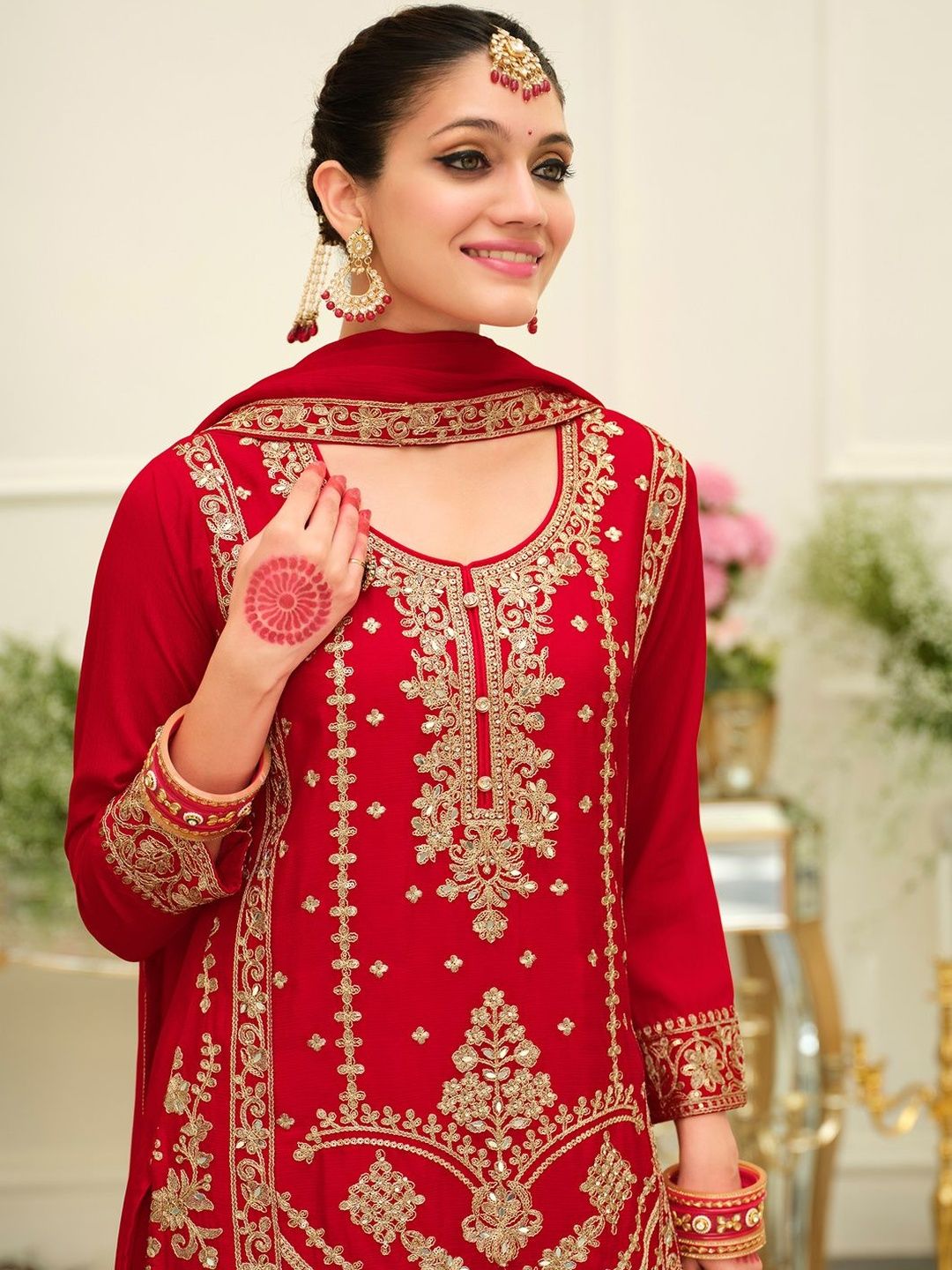 Dhiyona IE Ethnic Motifs Embroidered Mirror Work Straight Kurta & Palazzos With Dupatta