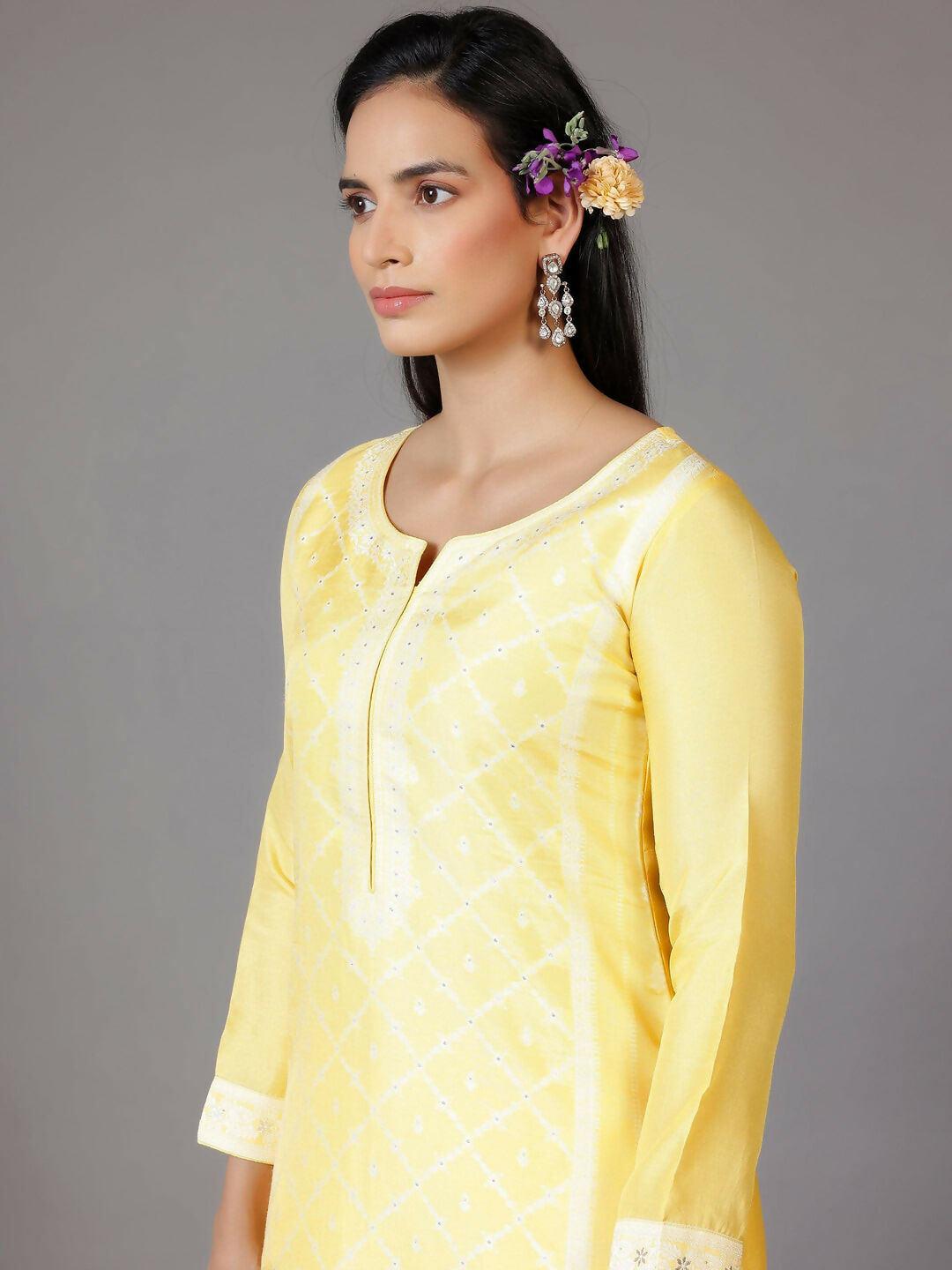 Women's LB Yellow Woven Design Silk Blend Straight Suit With Dupatta