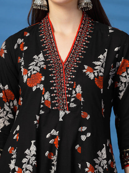 Floral Printed Thread Work Pure Cotton Anarkali Kurta with Trousers & Dupatta