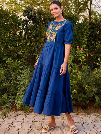 Dhiyona AY Women's Embroidered Round Neck Fit and Flare Ethnic Dresses
