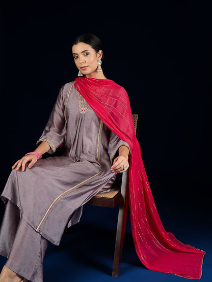 Dhiyona VA Floral Yoke Design A-Line Kurta With Palazzos & Dupatta