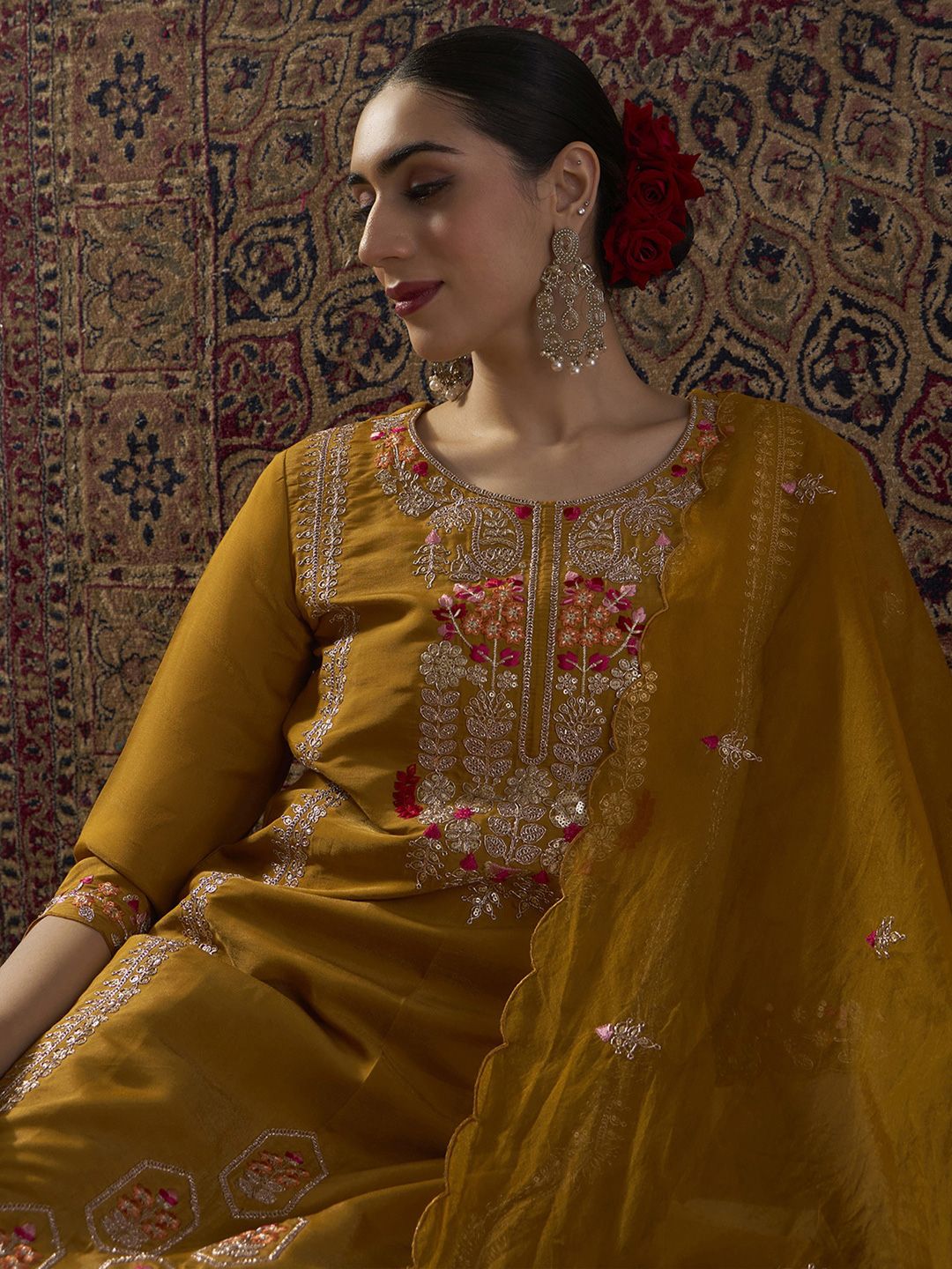 Dhiyona IE Ethnic Motifs Embroidered Round Neck Thread Work Kurta With Palazzos & Dupatta