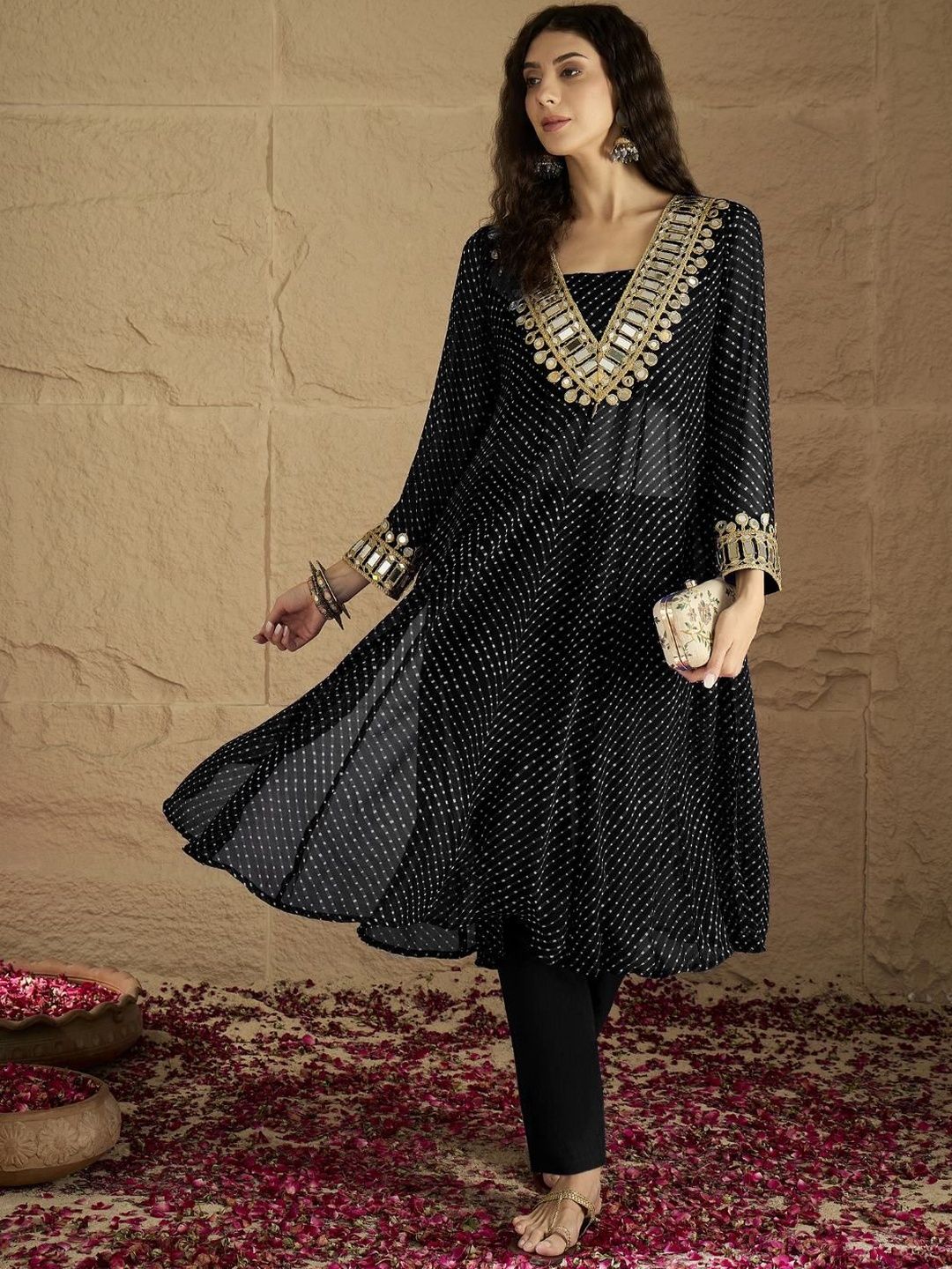 Black Abstract Printed Panelled Square Neck Georgette Straight Kurta With Trousers