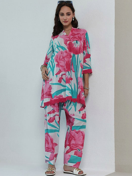 White Floral Printed Cotton Straight Kurta Set