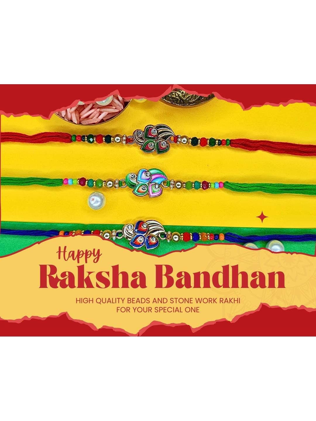 Dhiyona Set Of 3 Beaded Cotton Thread with AD Stones & Meenakari Designer Rakhi for Brother