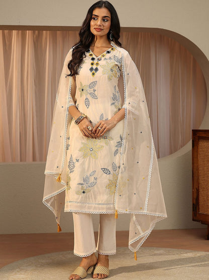 White Floral Embroidered Silk Blend Straight Suit Set